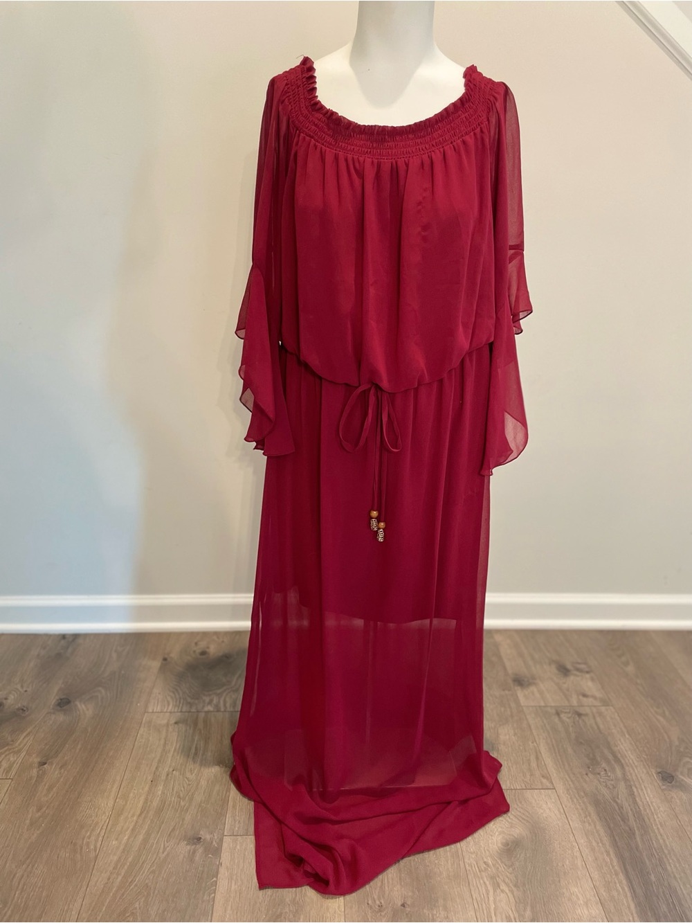 City Triangles Burgundy Off-Shoulder Chiffon Maxi Dress with Tie Waist